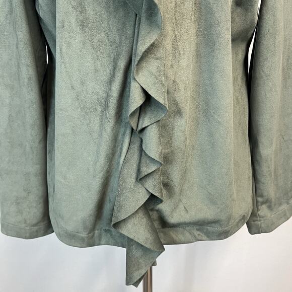 Chico's Waterfall Ruffle Open Front Blazer Jacket size 4 6/0 Olive Green Nubuck - Picture 4 of 8
